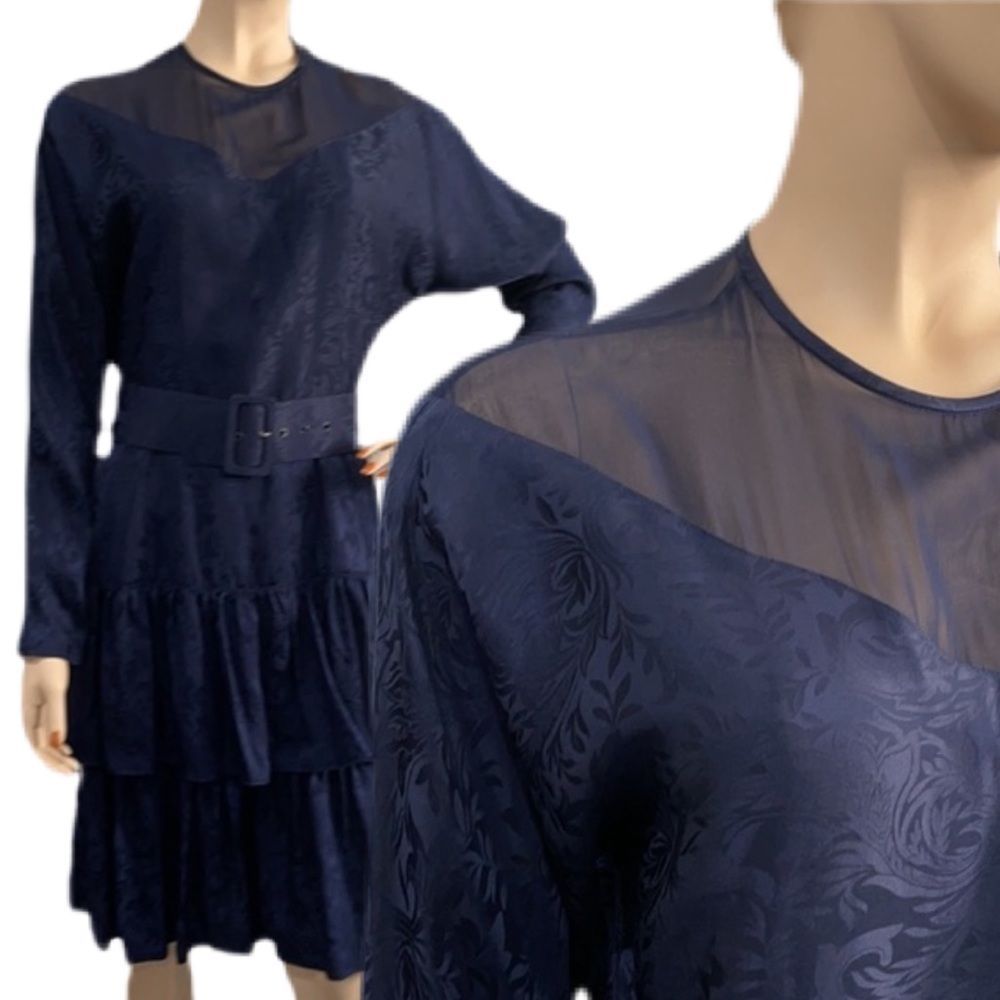 Vintage Navy Blue Silk Ruffle Floral Dress